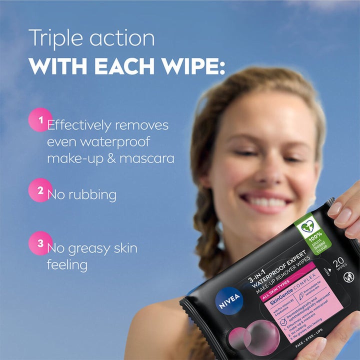 NIVEA 3-IN-1 Waterproof Expert 20 kpl puhdistusliinat poistavat vedenkestävän meikin tehokkaasti ilman hankausta.
