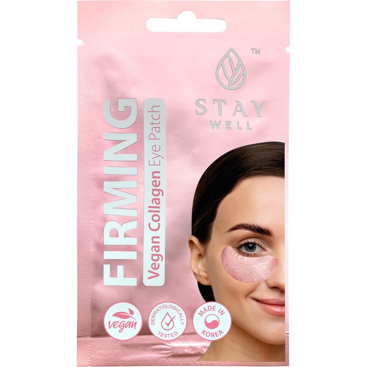 Stay Well Firming Vegan Collagen Eye Patch kiinteyttävä silmänympärysnaamio vaaleanpunaisessa pussissa kimaltavalla silmälapulla