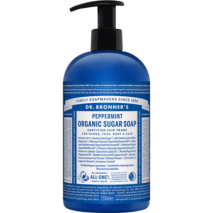 Dr. Bronner's Peppermint Organic Sugar Soap 710 ml virkistävä nestesaippua sinisessä mustakorkkisessa pumppupullossa