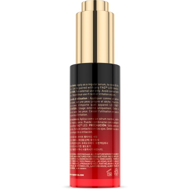 FAQ Swiss FAQ™ Red Light Peptide Serum 30 ml silottava seerumi punamustan pullon takaosasta ja kultainen pumppu