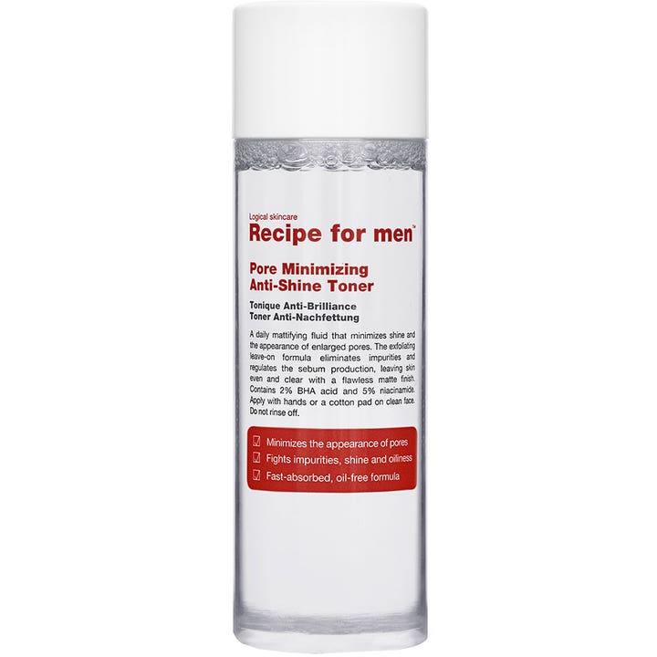 Recipe for men Pore Minimizing Anti-Shine Toner 100 ml supistava kasvovesi kirkkaassa pullossa valkoisella korkilla