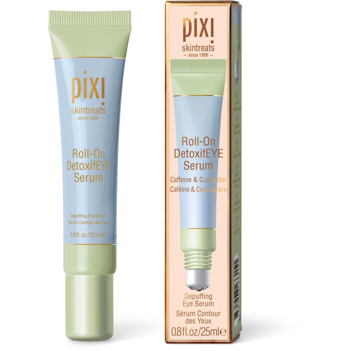 Pixi Roll-On DetoxifEYE Serum 25 ml turvotusta laskeva silmänympärysseerumi vaaleansinisessä tuubissa ja pakkauksessa.