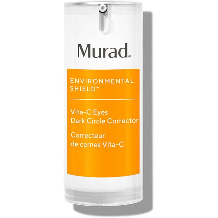 Murad Vita-C Eyes Dark Circle Corrector kirkastava silmänympärysvoide valkoisessa oranssietikettisessä pumppupullossa.