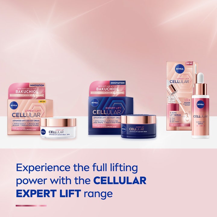 NIVEA Cellular Expert Lift 3-zone Lift Serum 30 ml kiinteyttävä seerumi valkoisessa pipettipullossa koko sarjan rinnalla.