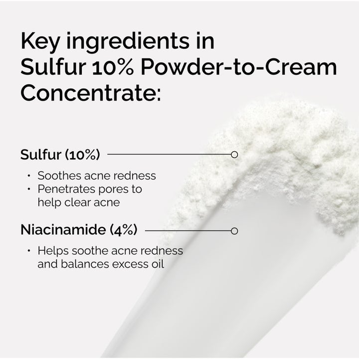 The Ordinary Sulfur 10% Powder-To-Cream Concentrate 5 g aknehoito esittelee rikin ja niasiiniamidin hyödyt.