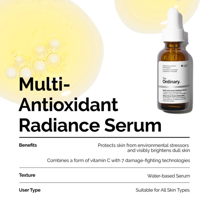 The Ordinary Multi-Antioxidant Radiance Serum 30 ml kirkastava seerumi ruskeassa lasipullossa keltaisilla pisaroilla.