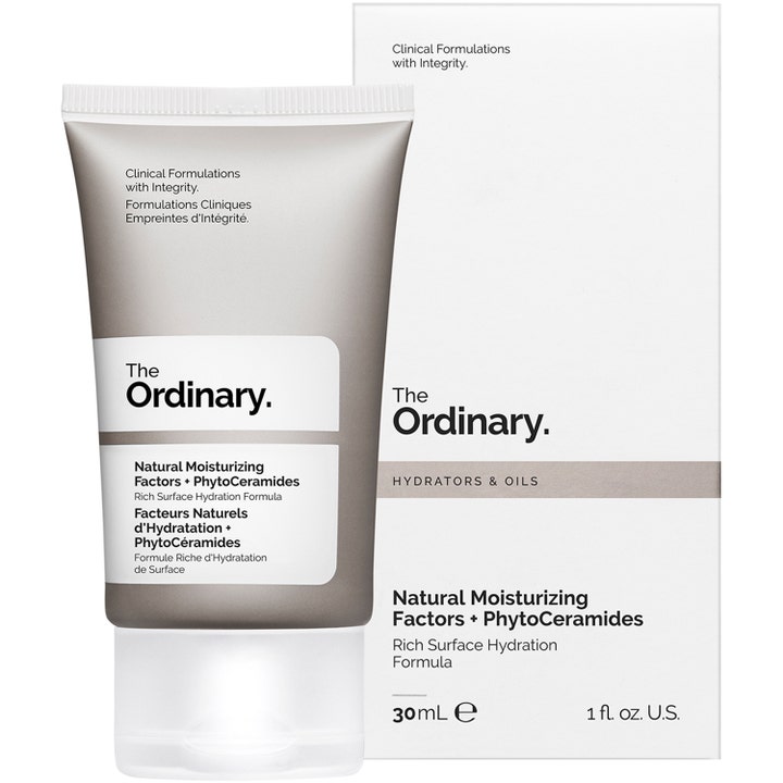 The Ordinary Natural Moisturizing Factors + Phytoceramides 30 ml kasvovoide harmaassa tuubissa ja pakkauksessa.