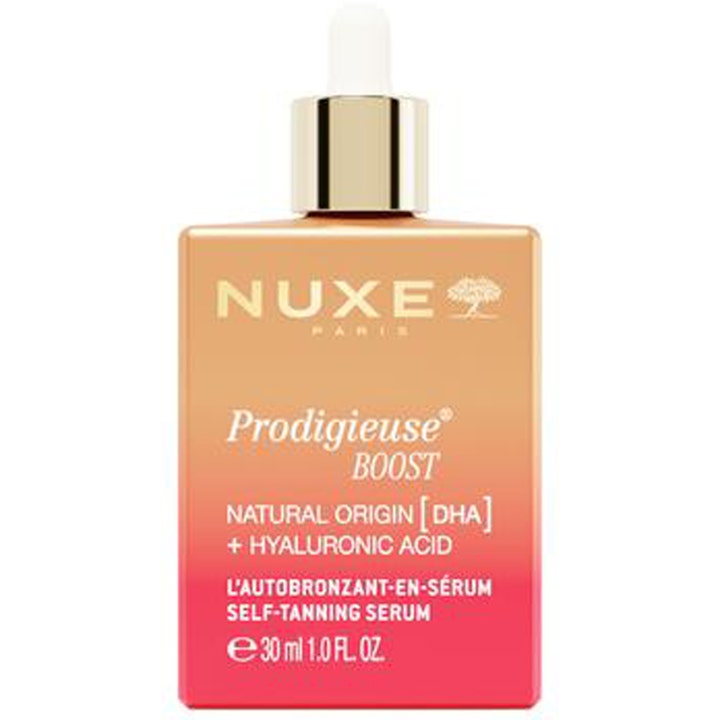 Nuxe Prodigieuse Boost 30 ml päivettävä seerumi hyaluronihapolla oranssinpunaisessa liukuvärjätyssä pullossa