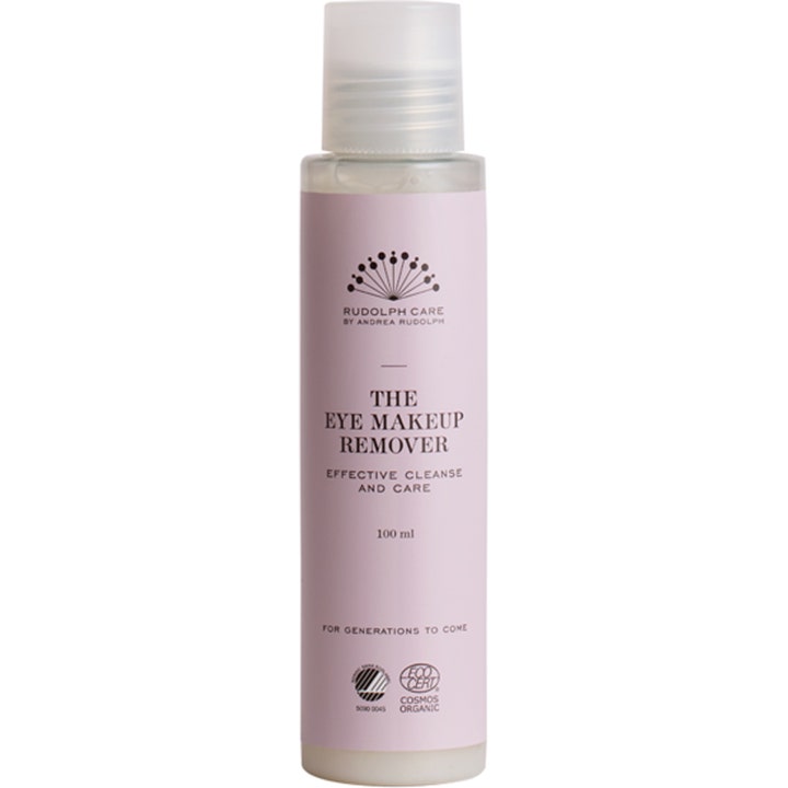 Rudolph Care The Eye Makeup Remover 100 ml hoitava silmämeikinpoistoaine vaaleanpunaisessa pullossa.