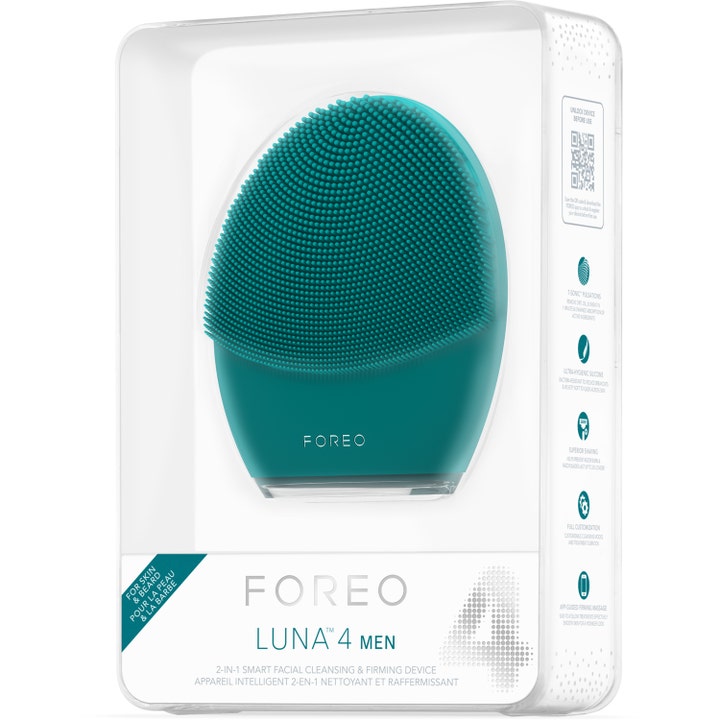 FOREO LUNA 4 Men 1 kpl puhdistuslaite iholle ja parralle sinisessä silikonissa valkoisessa myyntipakkauksessa