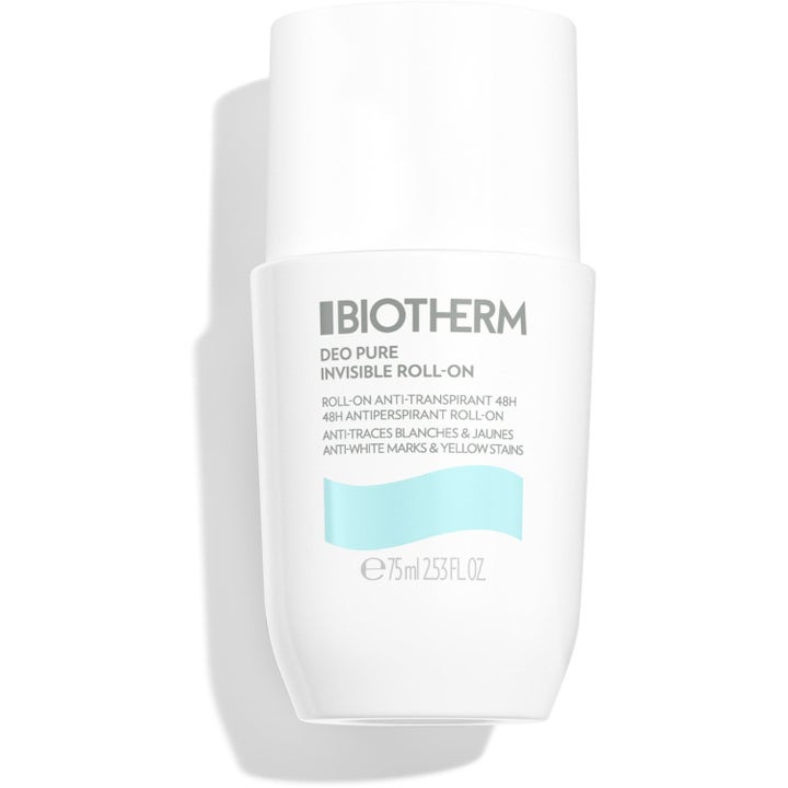 Biotherm Deo Pure Invisible Roll-On 75 ml antiperspirantti on valkoinen pullo, joka ehkäisee tahroja.