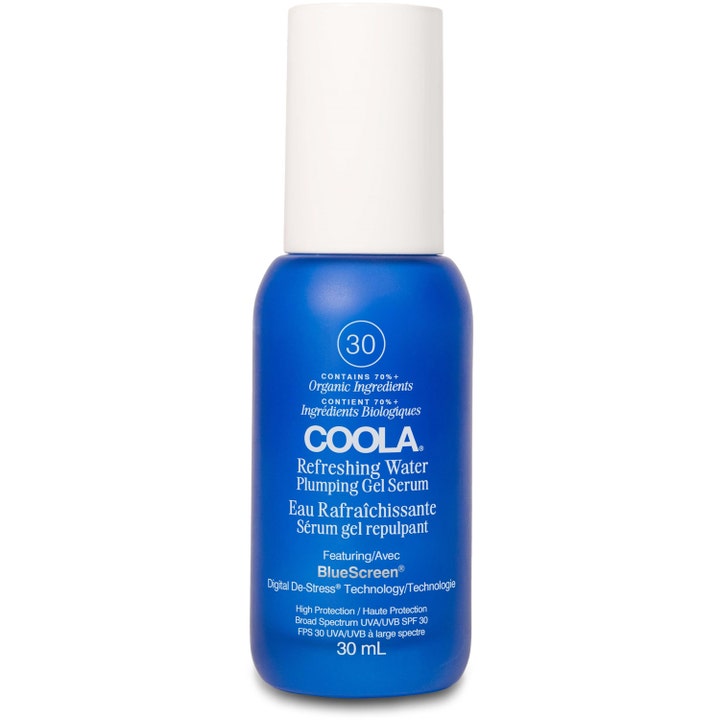 COOLA Refreshing Water Plumping Gel Serum 30 ml täyteläistävä aurinkosuojaseerumi sinisessä pullossa valkoisella korkilla