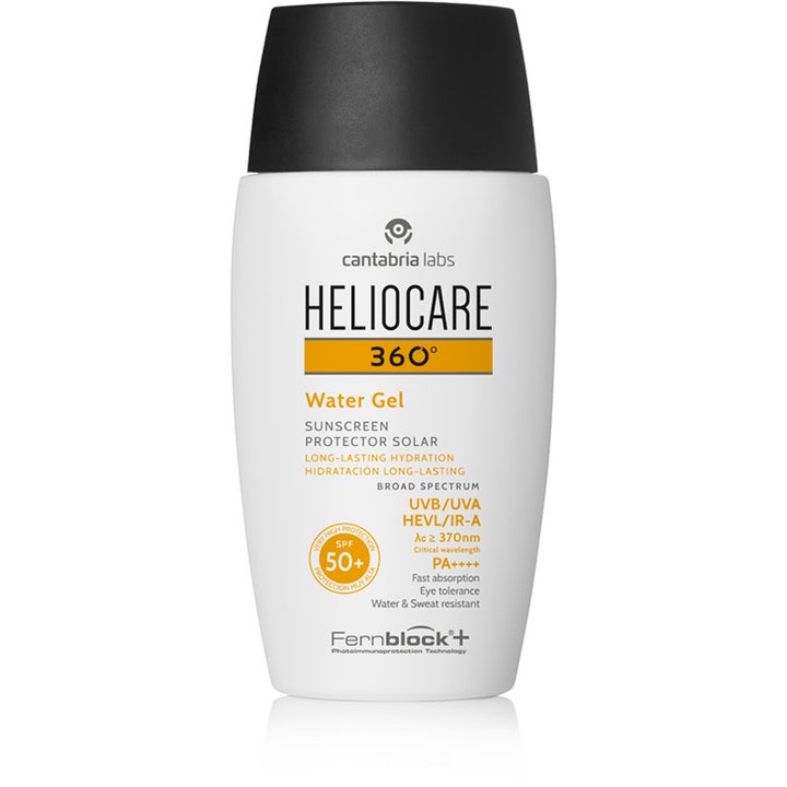 Heliocare 360° Water Gel kosteuttava aurinkosuoja SPF 50+ valkoisessa pullossa jossa on musta korkki