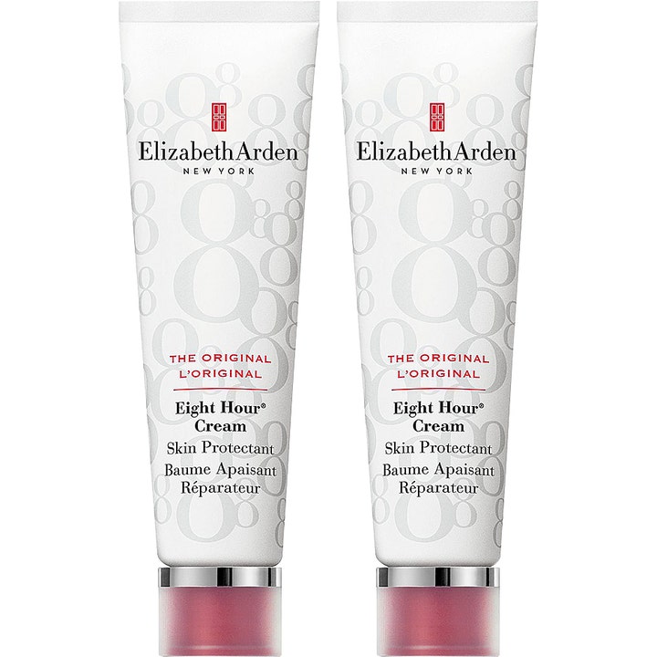 Elizabeth Arden Eight Hour Cream Skin Protectant duo rauhoittava voide kaksi valkoista tuubia hopeisilla korkeilla.