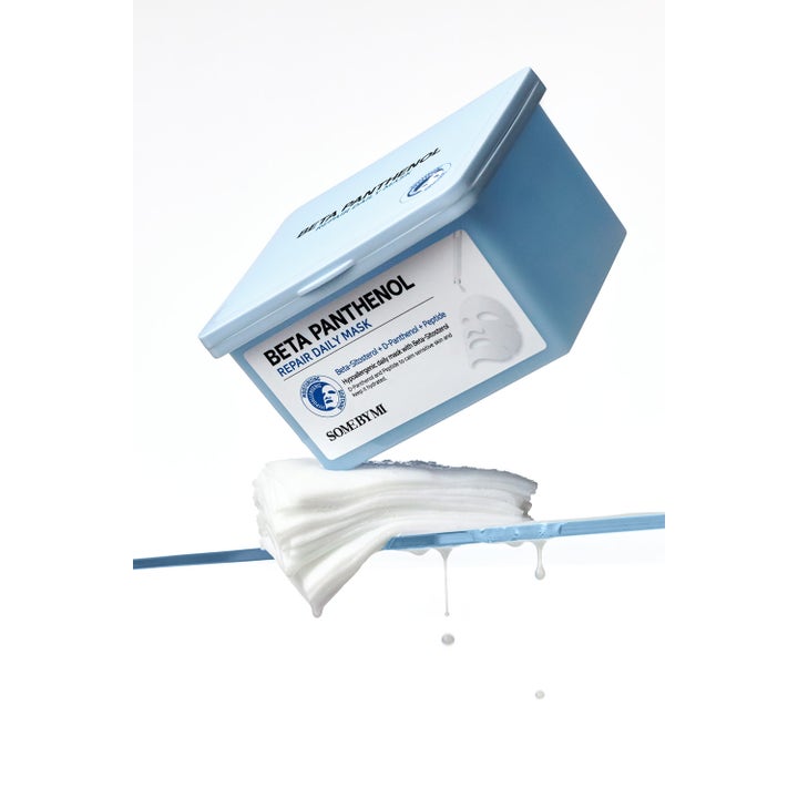 Some By Mi Beta Panthenol Repair Daily Mask 30 kpl korjaava kangasmaski vaaleansininen purkki ja seerumia valuvia maskeja