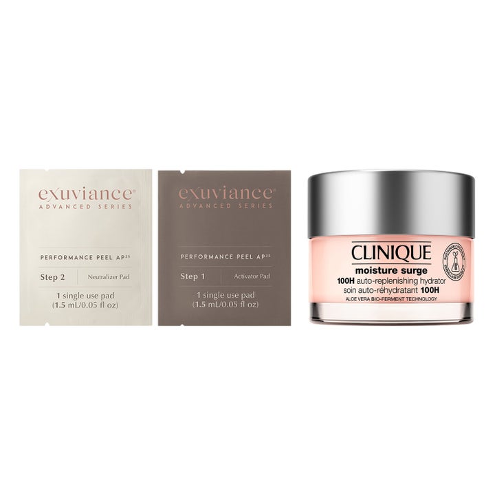 Exuviance Performance Peel 1,5 ml ja Clinique Moisture Surge 100H kosteuttava kasvovoide lasipurkissa hopeisella korkilla