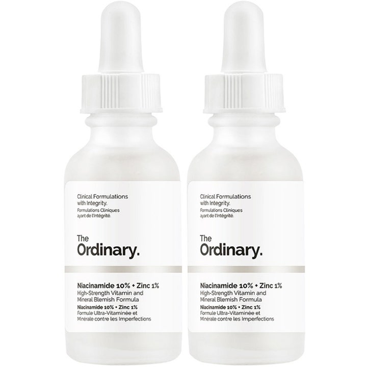 The Ordinary Niacinamide 10% + Zinc 1% 2 x 30 ml epäpuhtauksia vähentävä seerumi huurteisissa lasipulloissa.