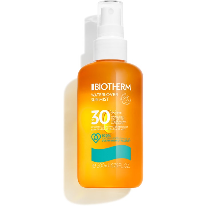 Biotherm Waterlover Sun Mist 200 ml SPF 30 vedenkestävä aurinkosuojasuihke oranssissa pullossa valkoisella korkilla.