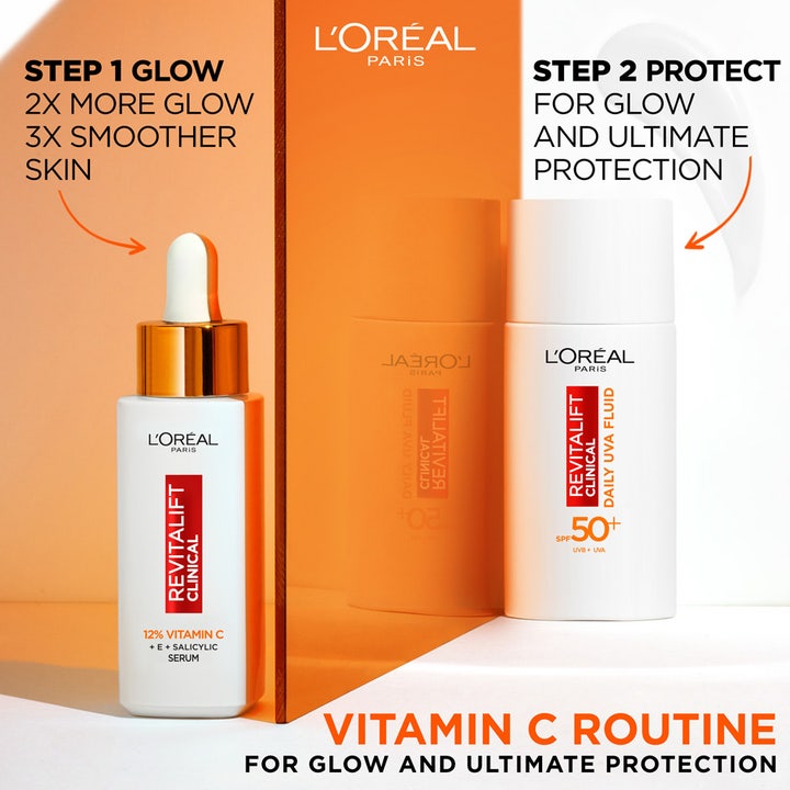 L'Oréal Paris Revitalift Clinical Daily UVA Fluid 50 ml aurinkovoide ja C-vitamiiniseerumi heleyttävänä rutiinina.