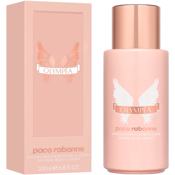 Rabanne Olympea Body Lotion 200 ml kosteuttava vartalovoide vaaleanpunaisessa pullossa ja pakkauksessa.
