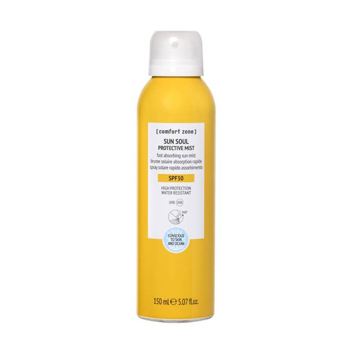 Comfort Zone Sun Soul Protective Mist SPF30 150 ml aurinkosuojasuihke keltaisessa metallipullossa valkoisella korkilla