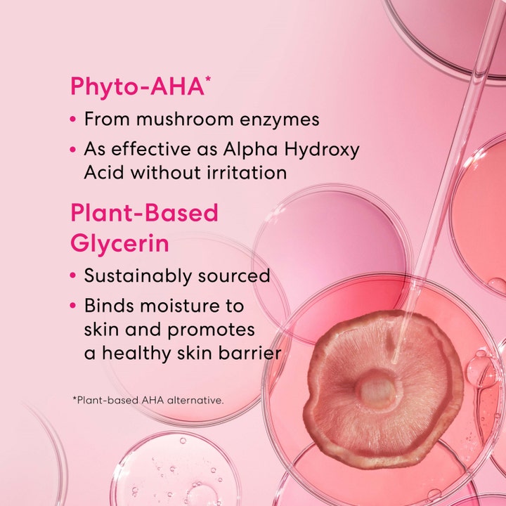 bareMinerals Ageless Phyto-AHA Radiance Facial 50 ml kirkastava seerumi sieni-entsyymeillä ja glyseriinillä vaaleanpunaisella pohjalla.