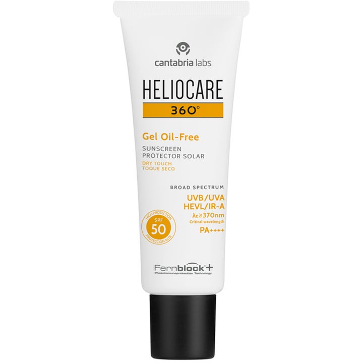 Heliocare 360 Gel Oil-Free 50 ml aurinkovoide antaa korkean suojan valkoisessa tuubissa, jossa on musta korkki.