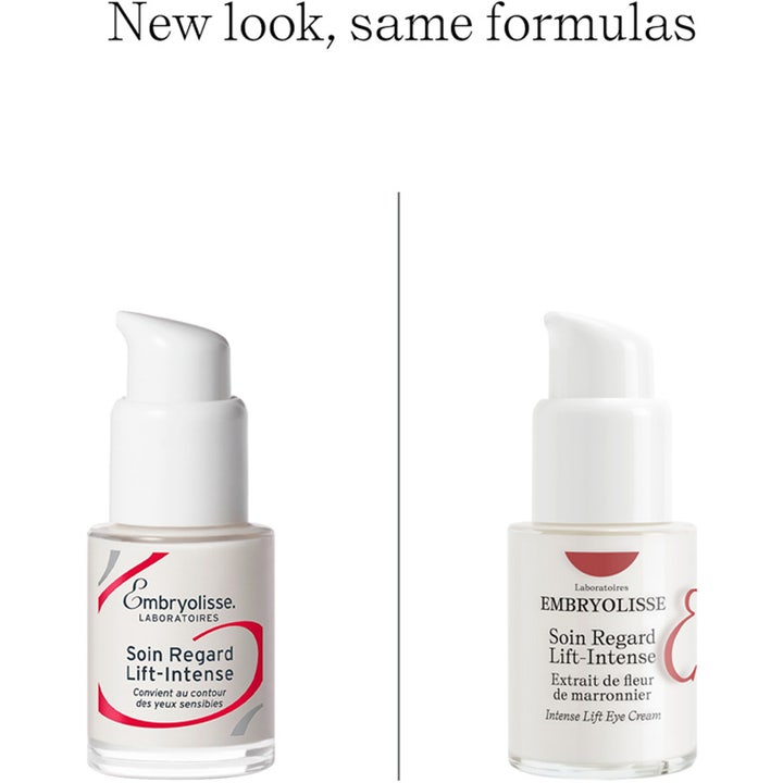 Embryolisse Intense Lift Eye Cream 15 ml kohottava silmänympärysvoide vertailukuvassa uusi ja vanha valkoinen pakkaus.