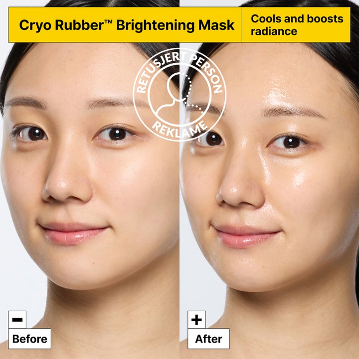 Dr.Jart+ Cryo Rubber Brightening Mask 36 g kirkastava kasvonaamio heleyttää ihoa ennen ja jälkeen kuvassa.