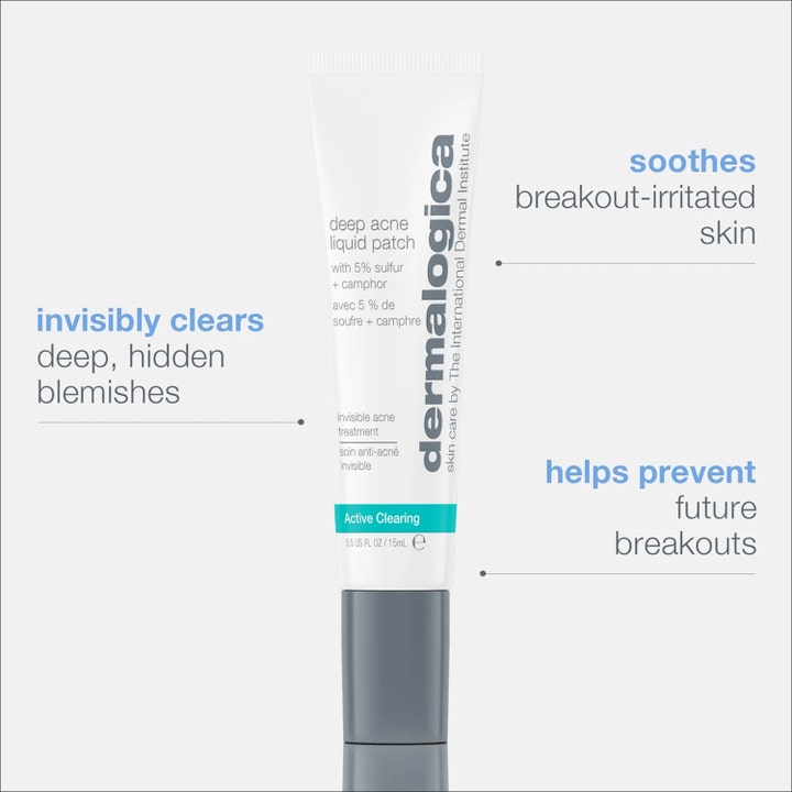Dermalogica Deep Acne Liquid Patch 15 ml rauhoittava seerumi epäpuhtauksille valkoisessa tuubissa harmaalla korkilla.