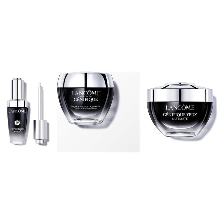 Lancôme Génifique Ultimate ihonhoitosetti nuorentava seerumi ja kasvovoiteet mustissa ja hopeisissa pakkauksissa.
