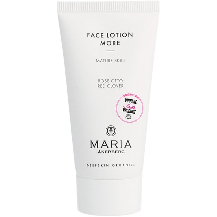 Maria Åkerberg Face Lotion More elvyttävä kasvovoide kypsälle iholle valkoisessa muovituubissa, jossa on pinkki leima.