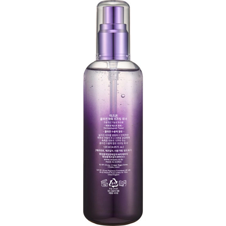 Mizon Collagen Power Lifting Toner 120 ml kiinteyttävä kasvovesi liukuvärjätyssä liilassa pumppupullossa