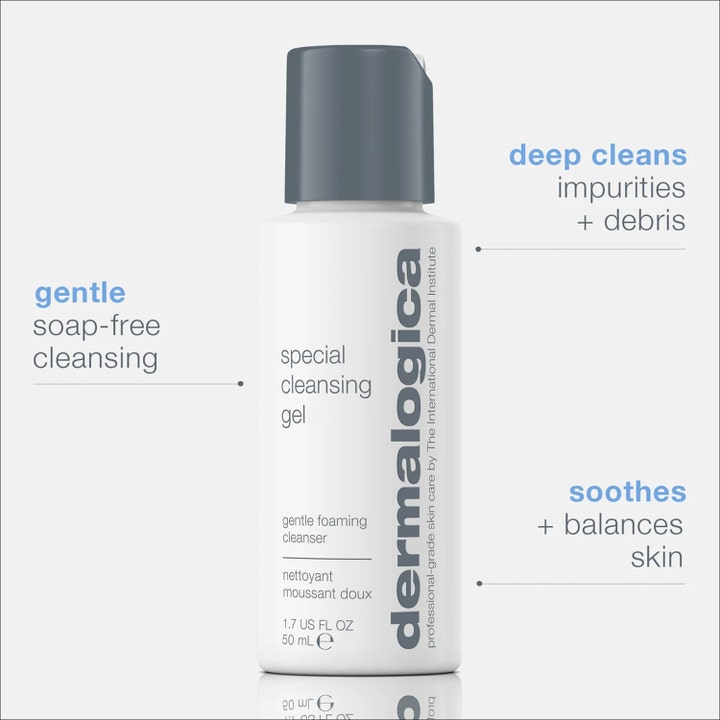 Dermalogica Special Cleansing Gel 50 ml saippuaton puhdistusgeeli valkoisessa pullossa harmaalla korkilla.
