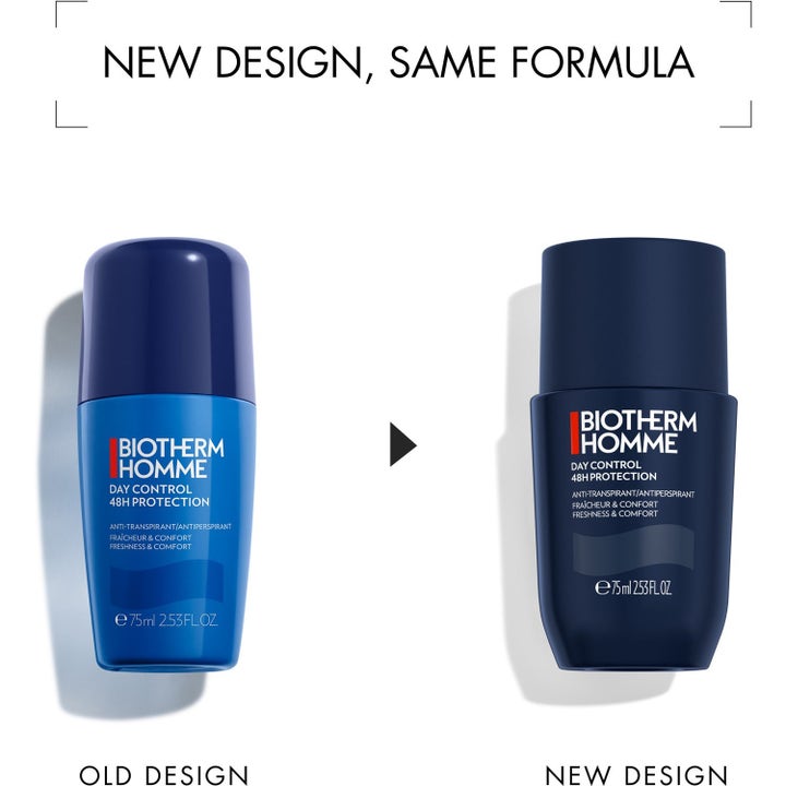 Biotherm Homme Day Control 48H Protection Antiperspirant 75 ml esittelee uuden tummansinisen pakkauksen ja vanhan mallin.