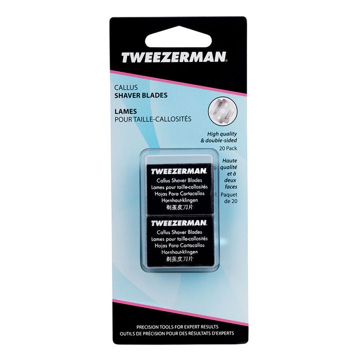 Tweezerman Callus Shaver Blades 20 kpl jalkojenhoitoon poistaa kovettumat tehokkaasti kahdessa mustassa rasiassa.