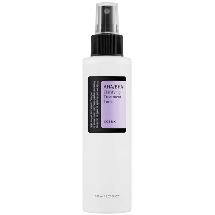 COSRX AHA/BHA Clarifying Treatment Toner 150 ml kirkastava kasvovesi valkoisessa suihkepullossa mustalla pumpulla