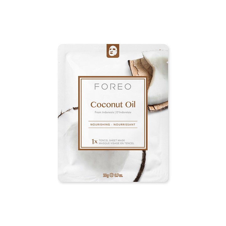FOREO Farm To Face Coconut Oil 20 g ravitseva kangasnaamio valkoisessa pakkauksessa kookoksen kuvalla
