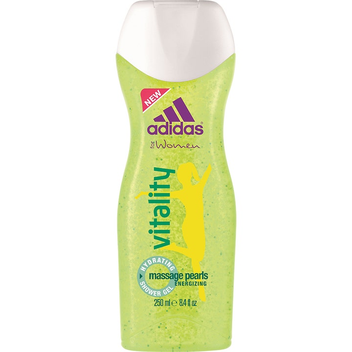 Adidas Vitality 250 ml energisoiva suihkugeeli on vaaleanvihreä muovipullo, jossa on pieniä hierontahelmiä.