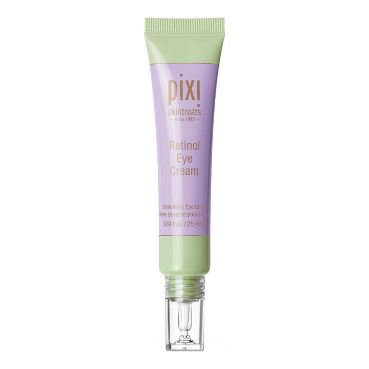 Pixi Retinol Eye Cream 25 ml silottava silmänympärysvoide violetissa ja vaaleanvihreässä tuubissa kirkkaalla korkilla