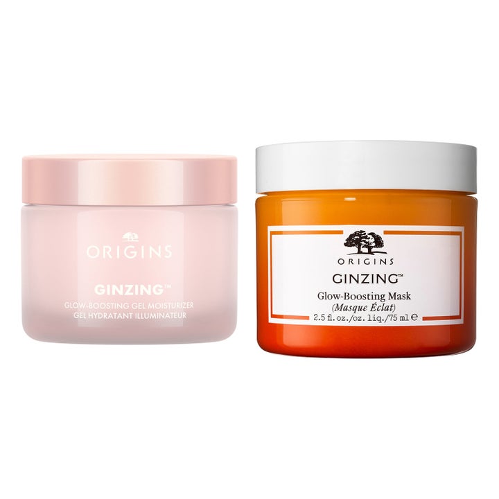 Origins GinZing Glow-Boosting Gel Moisturizer ja Mask 75 ml heleyttävä kaksikko vaaleanpunaisessa ja oranssissa purkissa