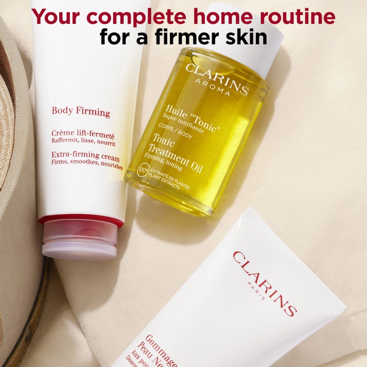 Clarins Body Firming Extra-Firming Cream 200 ml kiinteyttävä vartalovoide valkoisessa tuubissa osana ihonhoitorutiinia