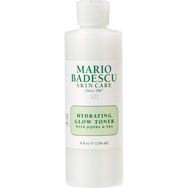 Mario Badescu Hydrating Glow Toner 236 ml heleyttävä kasvovesi valkoisessa muovipullossa vihreillä yksityiskohdilla