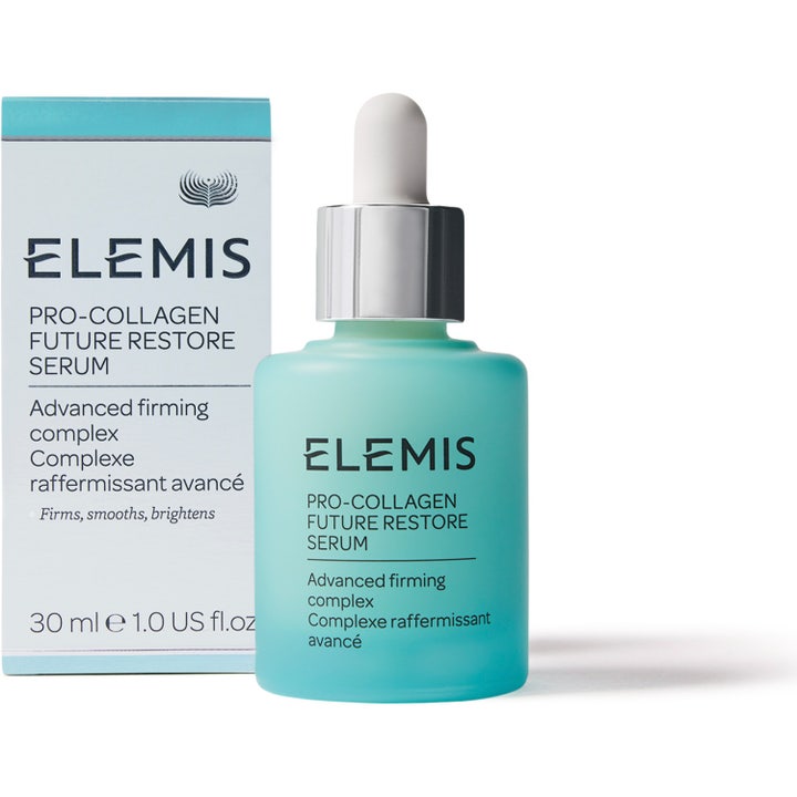 Elemis Pro-Collagen Future Restore Serum 30 ml kiinteyttävä seerumi vaaleansinisessä lasipullossa ja pakkaus