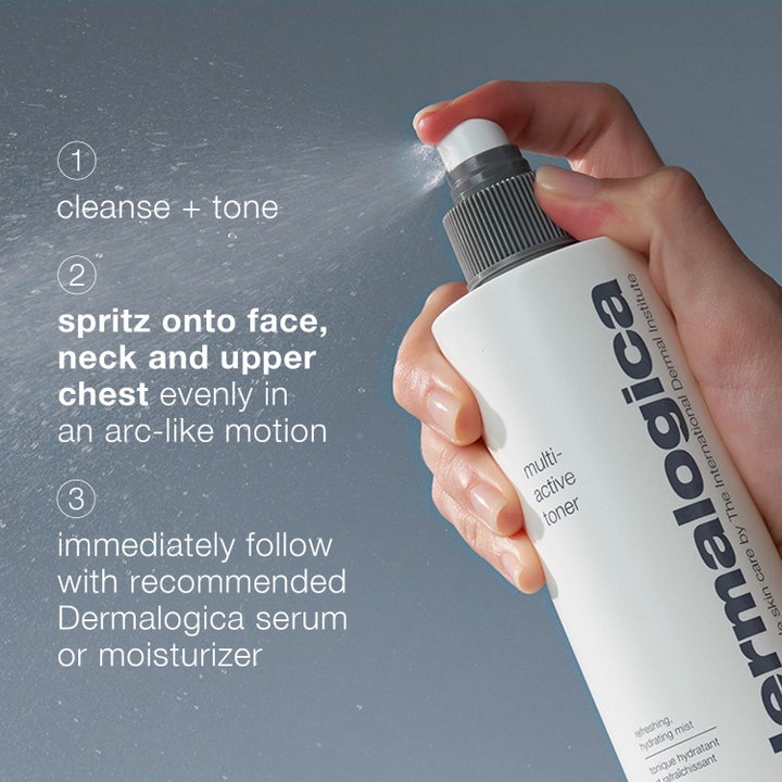 Dermalogica Multi-Active Toner 250 ml virkistävä kasvovesi kirkkaana ja kevyenä pisaratekstuurina vaalealla pohjalla.