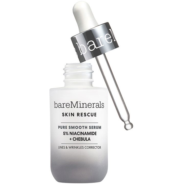 bareMinerals Skin Rescue Pure Smooth Serum silottava niasiiniamidiseerumi huurteisessa lasipullossa ja hopeinen pipetti
