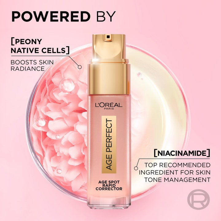 L'Oréal Paris Age Perfect Age Spot Rapid Corrector 30 ml seerumi sisältää niasiiniamidia ja pionisoluja.