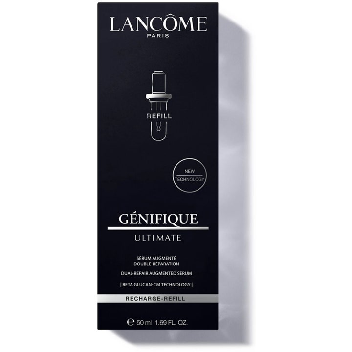 Lancôme Génifique Ultimate Serum Refill 50 ml korjaava seerumi mustassa pahvipakkauksessa hopeisilla teksteillä.