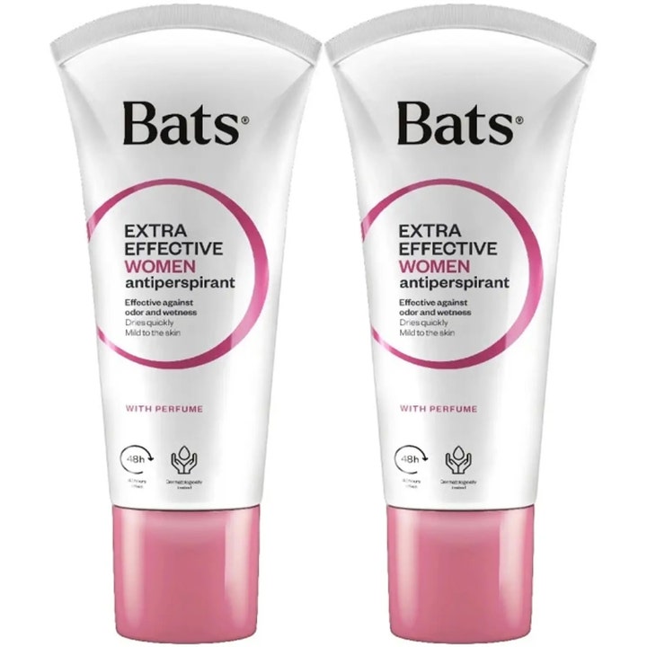 Bats Extra Effective Women antiperspirant duo tehokas antiperspirantti kahdessa valkoisessa tuubissa vaaleanpunaisilla korkeilla