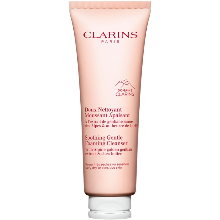 Clarins Soothing Gentle Foaming Cleanser rauhoittava puhdistusvaahto karitevoilla vaaleanpunaisessa muovituubissa
